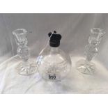 2 CRYSTAL CANDLE STICK HOLDERS & AN UNUSUAL AMERICAN SPIRIT BOTTLE FOR 1 FULL PINT