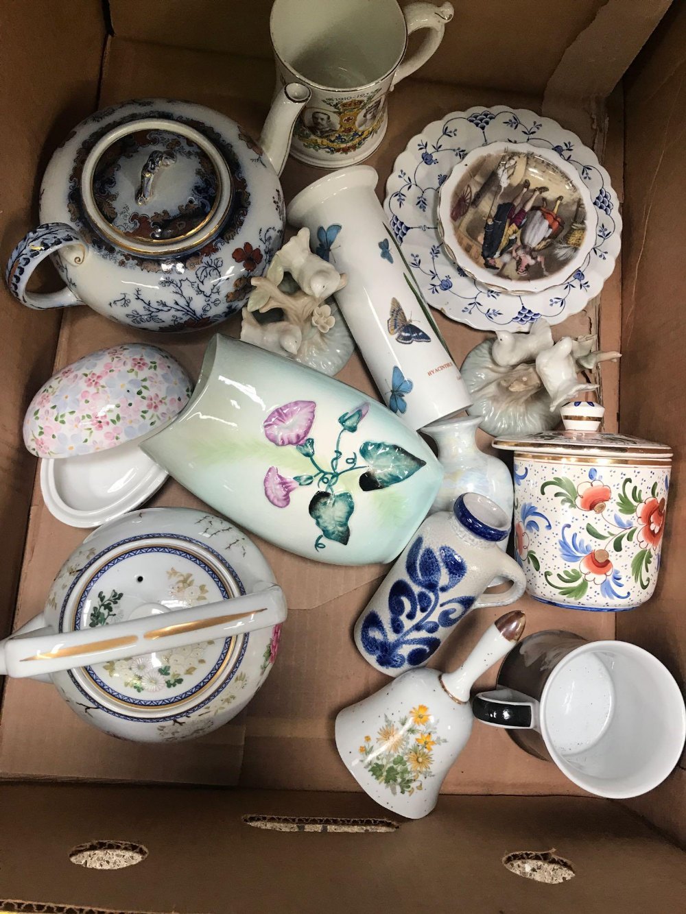 CARTON WITH PERIOD CHINAWARE INCL; CARLTONWARE VASE, PORTMEIRION BRUSH POT, TEA POTS & OTHER CHINA