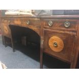 GEORGIAN BREAK FRONT SIDEBOARD, BANDED INLAY, ON TAPERING LEGS, FILLED REPAIR TO UPPER SURFACE