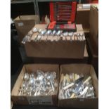 2 CARTONS OF QUALITY FLATWARE & A BOX OF WEBBER & HALL STAINLESS STEEL FISH KNIVES & FORKS