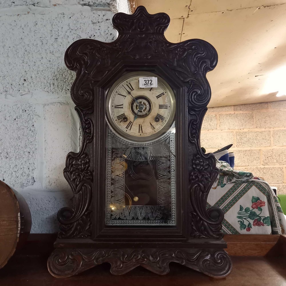 GLAZED & CARVED MANTEL CLOCK