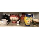 SHELF WITH QTY OF JUGS, TEA POT ETC