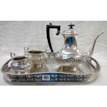 3 PIECE EPNS COFFEE SET, JUG, SUGAR BOWL & MILK JUG WITH A GALLERIED PNS VINERS TRAY