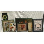 CARTON OF 7 ASSORTED NATURAL HISTORY SUBJECTS INCLUDING AN OIL PAINTING OF FLOWERS IN A VASE