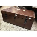 BROWN WOODEN TRAVEL CHEST WITH SNAP LATCHES