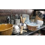SHELF WITH QTY OF STAINLESS STEEL CUTLERY, GLASS BOWLS, COFFEE CUPS & 2 JEAN PATRIGUE PROFESSIONAL