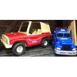 BLUE TONKA PLASTIC TOWING TRUCK & A RED & CREAM METAL TONKA JEEP