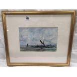 WATERCOLOUR OF BEACHED SAILING BOATS, INDISTINCTLY MONOGRAMMED