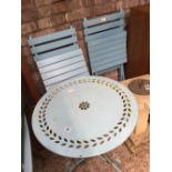 ROUND METAL PATIO TABLE WITH 2 WOODEN SLATTED FOLDING CHAIRS