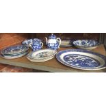 SHELF OF BLUE & WHITE CHINA PLATES, TEA POTS, SUGAR BOWL & 5 PLATES BY DBC WESTOVER