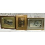 3 WATERCOLOURS; ONE SNOWY SCENE BY JOHN VALENTINE WITH GALLERY LABEL TO REVERSE TOGETHER WITH A