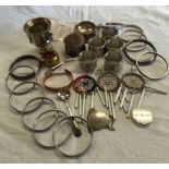 2 TUBS OF MIXED METALWARE INCL; BRACELETS, NAPKIN RINGS, SMALL 2 HANDLED VASE, STRAINER HOLDER & A