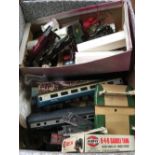 BOX OF MODEL TRAIN TRACK, MODEL LOCOMOTIVE PARTS, TRACK PARTS, BOOK, CARRIAGES ETC A/F