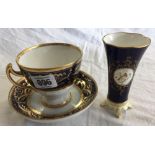 SMALL COALPORT PILL VASE & A HEAVY GILDED BLUE & GOLD CUP & SAUCER