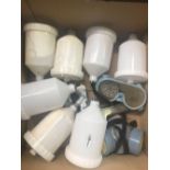 2 PAINT SPRAY GUNS (AIR) PLUS 5 RESERVOIRS, PLASTIC GOGGLES, MASK & SPARE FILTER CONTAINER