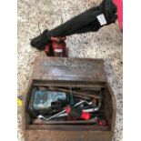 SMALL METAL TOOL BOX WITH VARIOUS HAND TOOLS & JACK & 1 OTHER RED JACK WITH OPERATING HANDLES,