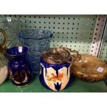 SHELF OF CROWN STAFFORDSHIRE CHINAWARE, 2 GLASS VASES ETC