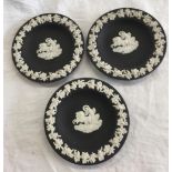 SET OF THREE WEDGEWOOD BLACK JASPER WARE PIN DISHES 4 ¼ INCHES DIAMETER