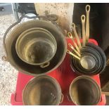 BRASS PRESERVING PAN, SET OF BRASS SAUCEPANS ETC