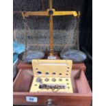 SMALL SET OF WOOD CASED WEIGHT SCALES, COMPLETE WITH WEIGHTS