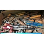 WOODEN DRAWER WITH MISC HAND TOOLS, SCREW DRIVERS, CHISELS, SPANNERS ETC