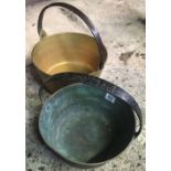 PAIR OF BRASS PRESERVING PANS, ONE CLEAN WITH SWIVEL HANDLE, 10.5'', OTHER FIXED HANDLE MEDIUM
