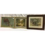 AN OIL PAINTING OF A WOODLAND PATH, INDISTINCTLY SIGNED, TOGETHER WITH 2 OTHER PICTURES OF A MARE