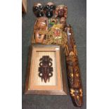 BLUE LAUNDRY BASKET WITH CARVED WOOD ETHNIC FIGURES