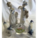 2 FEMALE CHINA FIGURES, ROUND GLASS PAPER WEIGHT & 2 STAFFORDSHIRE STYLE COWS, BOTH WITH DAMAGE,