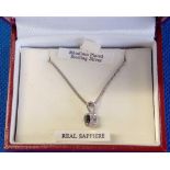RHODIUM PLATED STERLING SILVER CHAIN & PENDANT WITH A REAL SAPHIRE