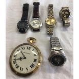BAG OF GENTS WRIST WATCHES INCL; WATCHES BEARING THE NAME OF ROLEX & TAGHEUR & 1 GIANT POCKET WATCH
