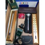 SMALL CARTON WITH VARIOUS THERMOMETERS, WINE STOPPERS & MAGNET JEWELLERY