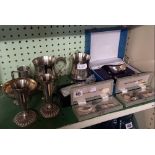 SHELF OF PLATEDWARE CONSISTING OF TANKARDS, GRAVY BOAT ETC