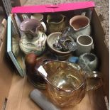 CARTON WITH STUDIO POTTERY JUGS, GLASS CARNIVAL STYLE JUG WITH CHIP TO BASE, DECANTER STOPPERS & A