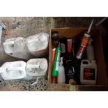 TUBES OF SILICONE FILLER, SPRAY PAINT CANS (3) MORTAR PLASTICIZER 5L Q CAR WASH/WAX, 2 X PLASTIC