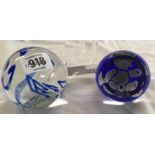 3 GLASS PAPER WEIGHTS, 2 ROUND BLUE IN COLOUR & 1 SQUARE WITH DOLPHINS