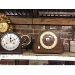3 WOOD CASED MANTEL PIECE CLOCK, 1 WITH WESTMINSTER CHIME, BAKELITE CLOCK, A GARRODS GLASS FRAME