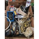 TRAY OF BRASS FITTINGS, WINDOW OPENER, SPANNERS,, TORQUE WRENCH A/F, BUTANE BURNER, SHIFTING