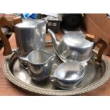 WHITE METAL GALLERY TRAY WITH 4 PIECES OF PICQUOT WARE