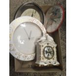 3 ROUND KITCHEN CLOCKS & A DECORATIVE CHINA CLOCK WITH DOVES ALL BATTERY DRIVEN