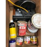 AIR COMPRESSOR, TOOLS CANS OF PAINT, LEAK DETECTOR SPRAY, LEADED GLASS TAPE