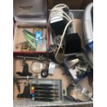 BOX OF WATCH MAKERS TOOLS, TWEEZERS, CLAMPS WITH MAGNIFYING GLASSES, WATCH/CLOCK KEYS, WORKBENCH