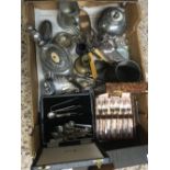 CARTON WITH VARIOUS PLATED WARE INCL; TEA POTS, PEWTER TANKARD, BOXED CUTLERY, KNIFE REST & A