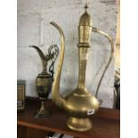 TURKISH STYLE INDIAN BRASS DECORATIVE TEA POT & A BRASS EWER ORNAMENT