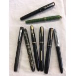 7 VINTAGE GOLD NIB FOUNTAIN PENS BY MEDMORES, SWAN, PARKER, STEPHENS & OTHER MAKES & 1 BIRO PEN