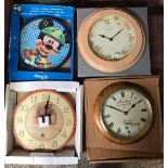 4 KITCHEN STYLE WALL CLOCKS, 1 MICKEY MOUSE, TIN DRUM TOY COMPANY & 2 OTHERS - ALL BATTERY DRIVEN