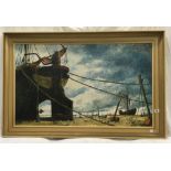 LARGE OIL PAINTING OF A 19THC BEACH SCENE WITH A LARGE BEACHED SHIP SIGNED