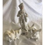 1 CHINA FIGURE OF A DANDY MALE, ROYAL OSBOURNE BONE CHINA FIGURE OF 2 BABY ELEPHANTS & 2 RABBITS