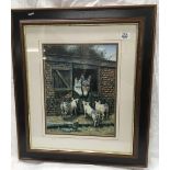 COLOUR PRINT OF DONKEYS IN A STABLE WATCHING PIGS AND A HEN, ENTITLED ''FARMYARD FRIENDS'' IN A