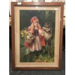 2 OAK F/G PAIR OF CHROMOLITHOGRAPH PICTURES - 1 YOUNG GIRL WITH A DOG & THE OTHER A YOUNG BOY